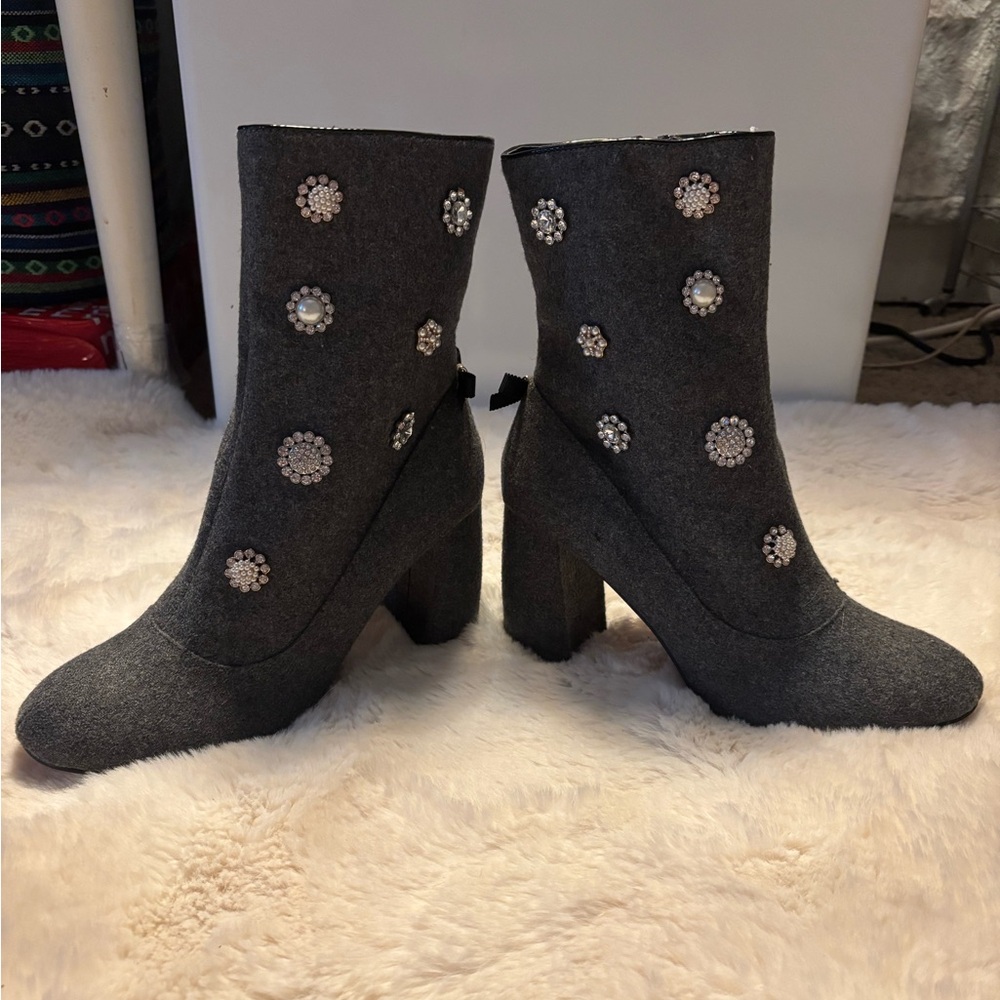 Nanette Lepore Gray Heeled Boots with Pearl Embellishments